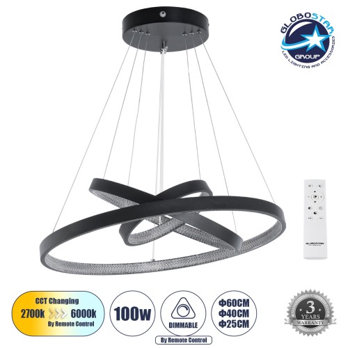 GLOBOSTAR® DIAMOND TRIO 61523-DECO Μοντέρνο Κρεμαστό Φωτιστικό Οροφής LED 100W 11200lm 360° AC 220-240V IP20 Ρυθμιζόμενο Λευκό CCT με Χειριστήριο από 2700K έως 6000K Dimmable - Lumileds SMD Chip - Μαύρο Ματ - Μ90 x Π90 x Υ90cm - 3 Χρόνια Εγγύηση