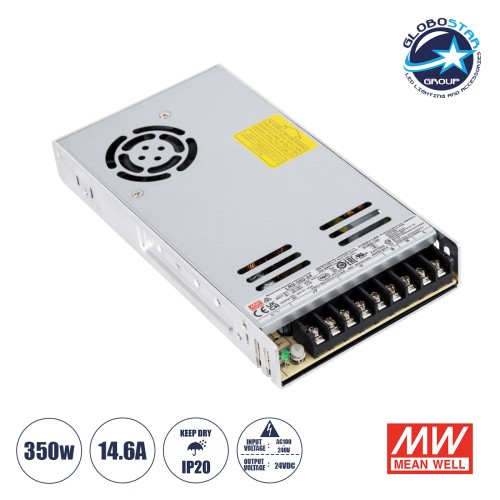GLOBOSTAR® MEANWELL-LRS350-24 61531 Τροφοδοτικό/Μετασχηματιστής Class II PELV 350W 14.6A DC 24V IP20 - AC 220-240V σε DC 24V / Ρυθμιζόμενo από DC 21.6V έως DC 28.8V - Μ21.5 x Π11.5 x Υ3cm - 3 Χρόνια Εγγύηση