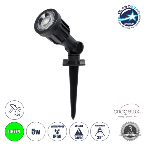 GLOBOSTAR® GARDENINI 61544 Φωτιστικό Σποτ για Φυτά - Δέντρα με Βάση Κήπου / Καρφωτό LED 5W 550lm 38° DC 24V Αδιάβροχο IP68 Πράσινο Dimmable - Lumileds SMD Chip - Μαύρο - Μ5.5 x Π5.5 x Υ13.5cm - 3 Χρόνια Εγγύηση