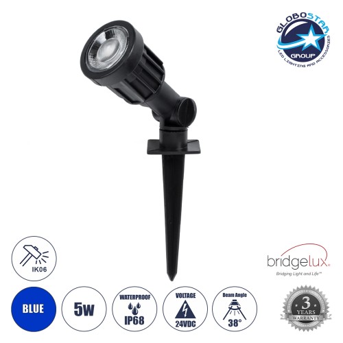 GLOBOSTAR® GARDENINI 61545 Φωτιστικό Σποτ για Φυτά - Δέντρα με Βάση Κήπου / Καρφωτό LED 5W 550lm 38° DC 24V Αδιάβροχο IP68 Μπλε Dimmable - Lumileds SMD Chip - Μαύρο - Μ5.5 x Π5.5 x Υ13.5cm - 3 Χρόνια Εγγύηση