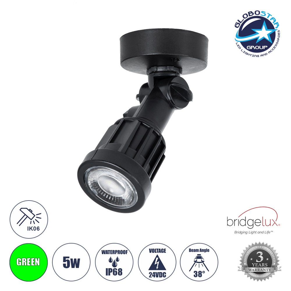 GLOBOSTAR® GARDENINI 61547 Φωτιστικό Σποτ LED 5W 550lm 38° DC 24V Αδιάβροχο IP68 Πράσινο Dimmable - Lumileds SMD Chip - Μαύρο - Μ7 x Π7 x Υ14.5cm - 3 Χρόνια Εγγύηση