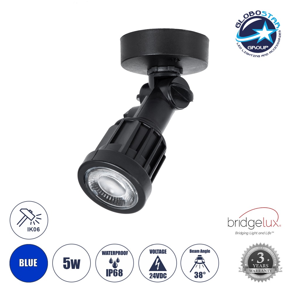GLOBOSTAR® GARDENINI 61548 Φωτιστικό Σποτ LED 5W 550lm 38° DC 24V Αδιάβροχο IP68 Μπλε Dimmable - Lumileds SMD Chip - Μαύρο - Μ7 x Π7 x Υ14.5cm - 3 Χρόνια Εγγύηση