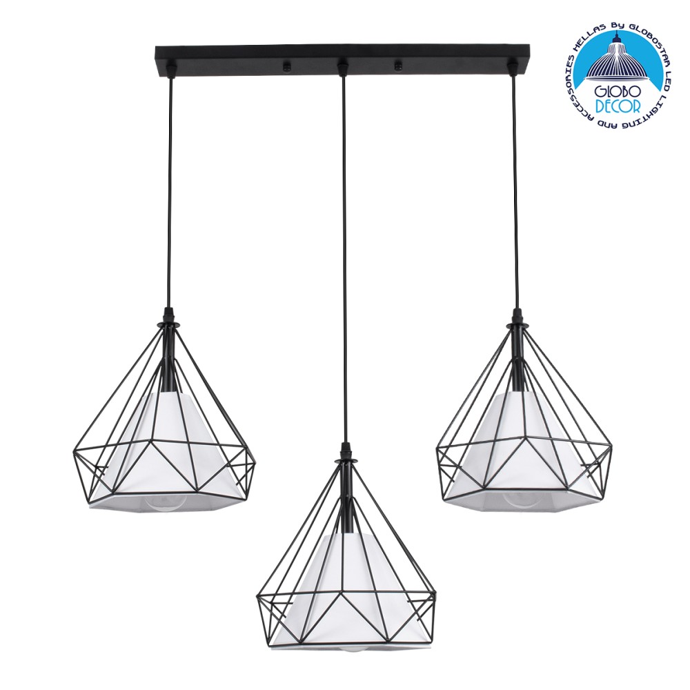 GLOBOSTAR® EIFFEL 61569 Vintage Κρεμαστό Φωτιστικό Οροφής με Ντουί 3 x E27 AC 220-240V IP20 - Μαύρο & Λευκό - Μ68 x Π25 x Υ130cm