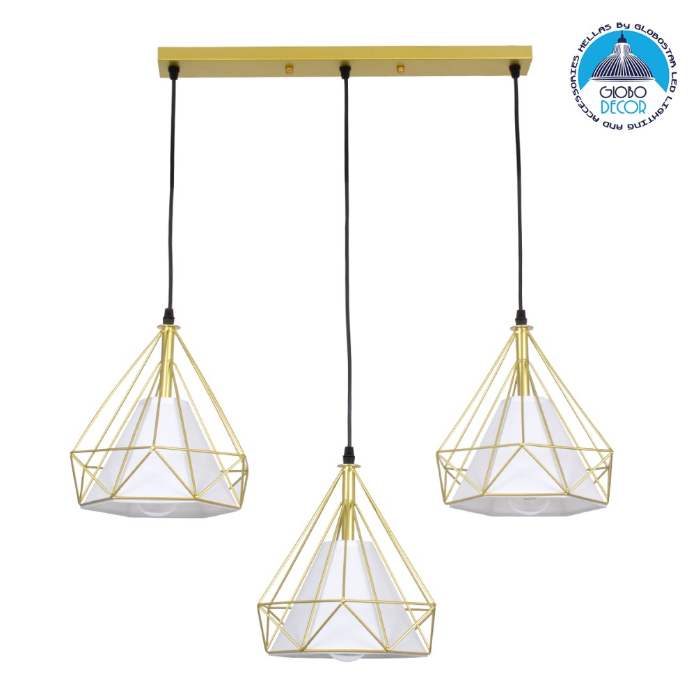 GLOBOSTAR® EIFFEL 61571 Vintage Κρεμαστό Φωτιστικό Οροφής με Ντουί 3 x E27 AC 220-240V IP20 - Χρυσό & Λευκό - Μ68 x Π25 x Υ130cm