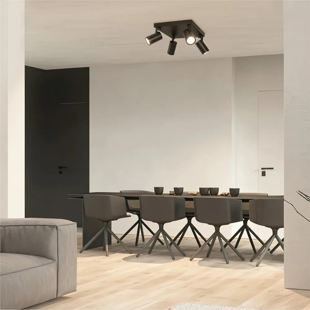 kelvo® SPOTA KLV-101-0146 Κινούμενο Φωτιστικό Σποτ Οροφής για 4 Λάμπες MR16 με Ντουί GU10 AC 220-240V IP20 - Μαύρο Ματ - Μ26 x Π26 x Υ14cm