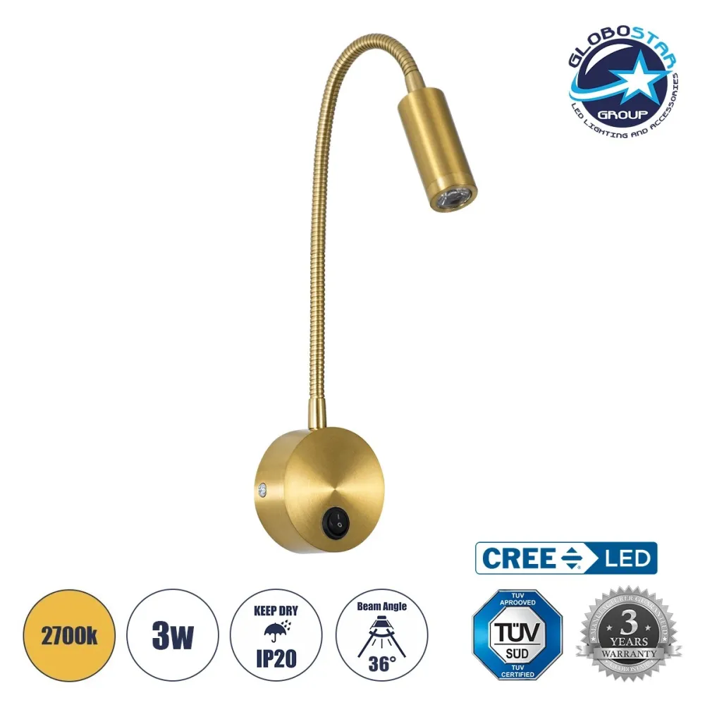 GLOBOSTAR® GOOSE 61692 Μοντέρνο Φωτιστικό Τοίχου - Απλίκα Ξενοδοχείου Reading Light LED 3W 270lm 36° AC 220-240V IP20 Θερμό Λευκό 2700K - CREE XPE Chip & TÜV SÜD Driver - Χρυσό Βούρτσας - Μ6.5 x Π15 xΥ24.5cm - 3 Χρόνια Εγγύηση