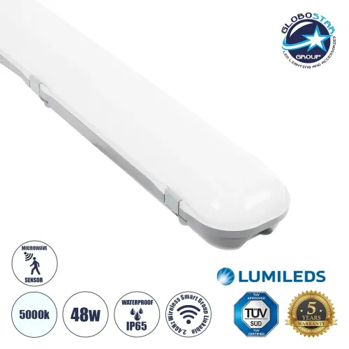 GLOBOSTAR® SMARTGROUP 61702 Γραμμικό Βιομηχανικό Φωτιστικό Tri-Proof Τεχνολογίας Smart Group Linkable Control System 2.4Ghz με Αισθητήρα Κίνησης Microwave LED 48W 6000lm 120° AC 220-240V Αδιάβροχο IP65 Φυσικό Λευκό 5000K - Lumileds SMD Chip & TÜV SÜD 