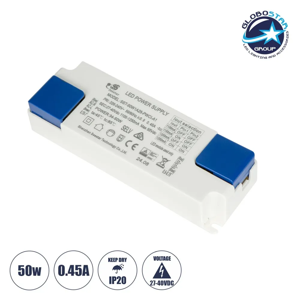 GLOBOSTAR® EROS-DRIVER 61712 Ανταλλακτικό Τροφοδοτικό/Μετασχηματιστής SELV 34-50W AC 220-240V σε Constant Current DC 27-40V/1100-1250mA±5% Max. 55VDC PF0.95 IP20 - Μ13.5 x Π4.5 x Υ2.5cm - 5 Χρόνια Εγγύηση