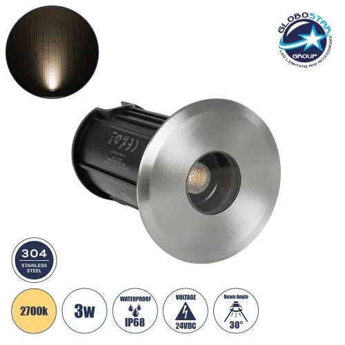 GLOBOSTAR® POOLIFY 61713 Υποβρύχιο Χωνευτό Φωτιστικό Σποτ για Πισίνες/Σιντριβάνια/Δάπεδο LED 3W 360lm 30° DC 24V Αδιάβροχο IP68 Θερμό Λευκό 2700K Dimmable - CREE XPE Chip - Ανοξείδωτο Ατσάλι SS304 & Tempered Glass - 1m VDE Rubber Καλώδιο - Μ6.5 x Π6.5
