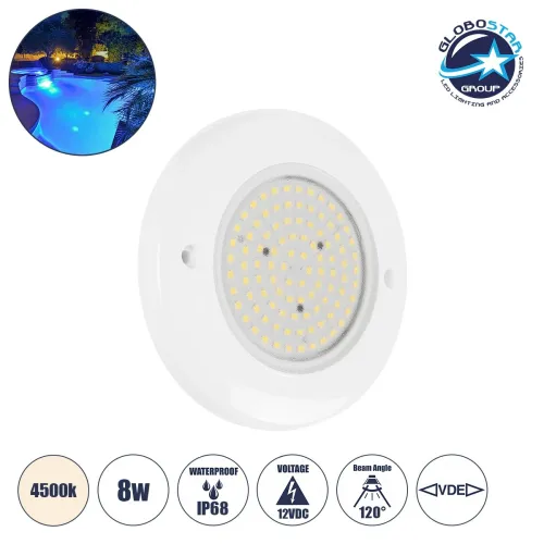 GLOBOSTAR® POOLARTY 61715 Υποβρύχιο Φωτιστικό για Σιντριβάνια/Πισίνες LED 8W 640lm 120° DC 12V Αδιάβροχο IP68 Φυσικό Λευκό 4500K Dimmable - Bridgelux SMD Chip - 1m VDE Rubber Καλώδιο - Μ13 x Π13 x Υ2cm - 3 Χρόνια Εγγύηση