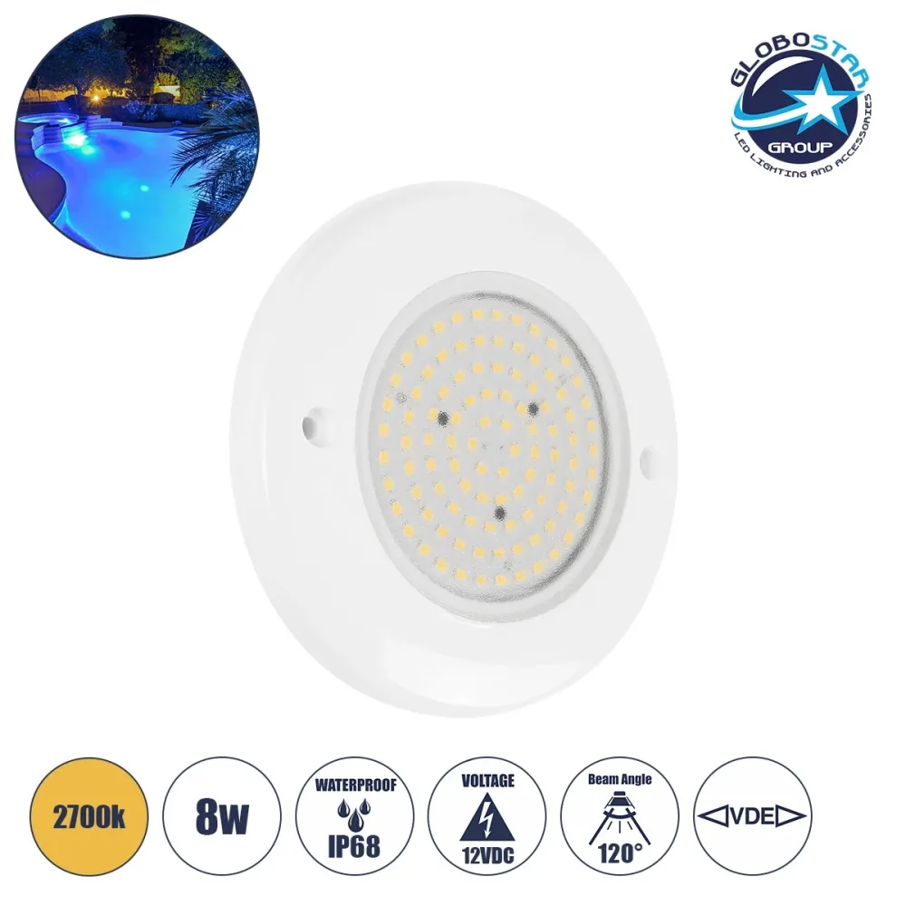 GLOBOSTAR® POOLARTY 61716 Υποβρύχιο Φωτιστικό για Σιντριβάνια/Πισίνες LED 8W 600lm 120° DC 12V Αδιάβροχο IP68 Θερμό Λευκό 2700K Dimmable - Bridgelux SMD Chip - 1m VDE Rubber Καλώδιο - Μ13 x Π13 x Υ2cm - 3 Χρόνια Εγγύηση