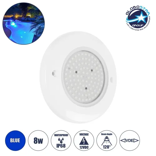 GLOBOSTAR® POOLARTY 61717 Υποβρύχιο Φωτιστικό για Σιντριβάνια/Πισίνες LED 8W 560lm 120° DC 12V Αδιάβροχο IP68 Μπλε Dimmable - Bridgelux SMD Chip - 1m VDE Rubber Καλώδιο - Μ13 x Π13 x Υ2cm - 3 Χρόνια Εγγύηση
