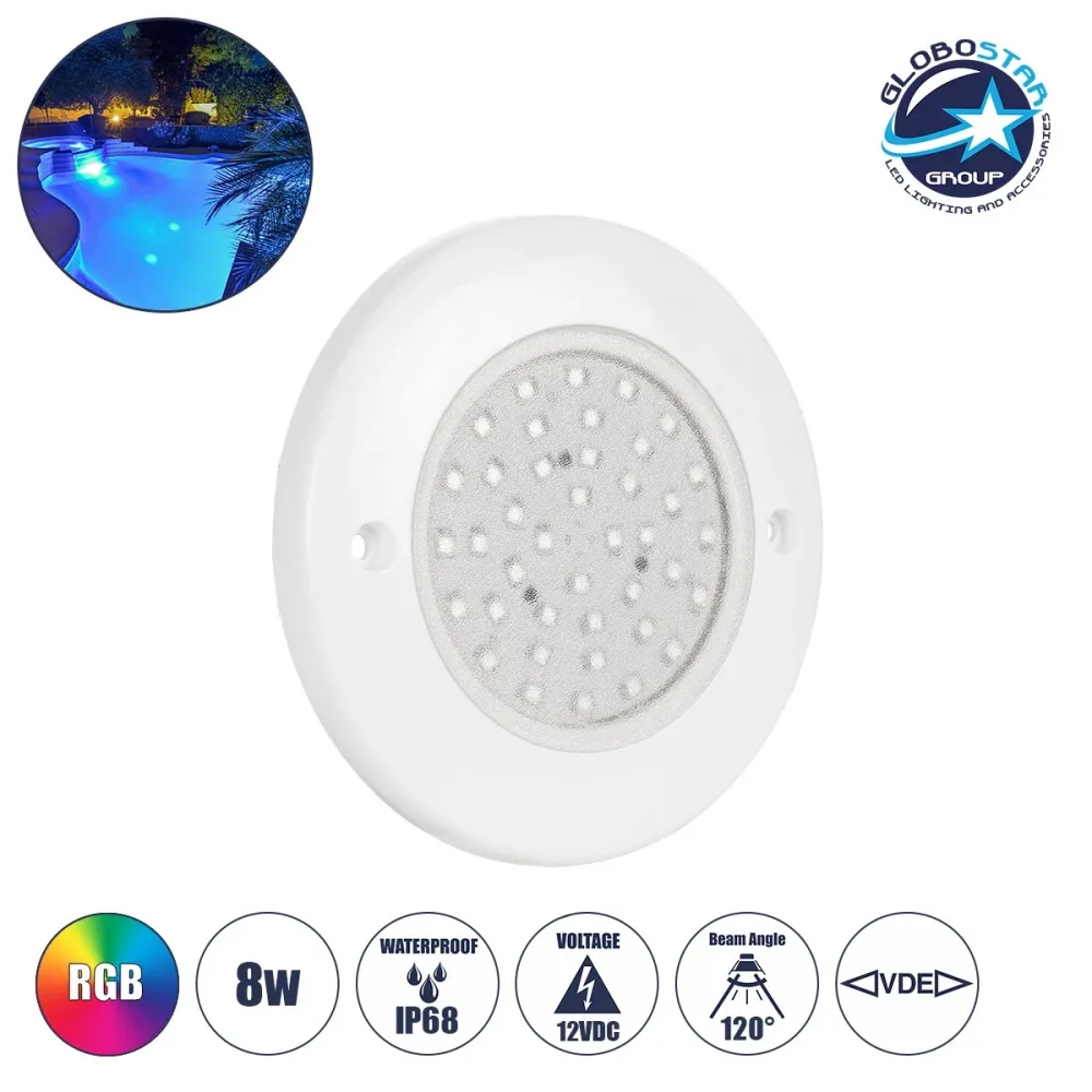 GLOBOSTAR® POOLARTY 61718 Υποβρύχιο Φωτιστικό για Σιντριβάνια/Πισίνες LED 8W 560lm 120° DC 12V Αδιάβροχο IP68 RGB Dimmable - Bridgelux SMD Chip - 1m VDE Rubber Καλώδιο - Μ13 x Π13 x Υ2cm - 3 Χρόνια Εγγύηση