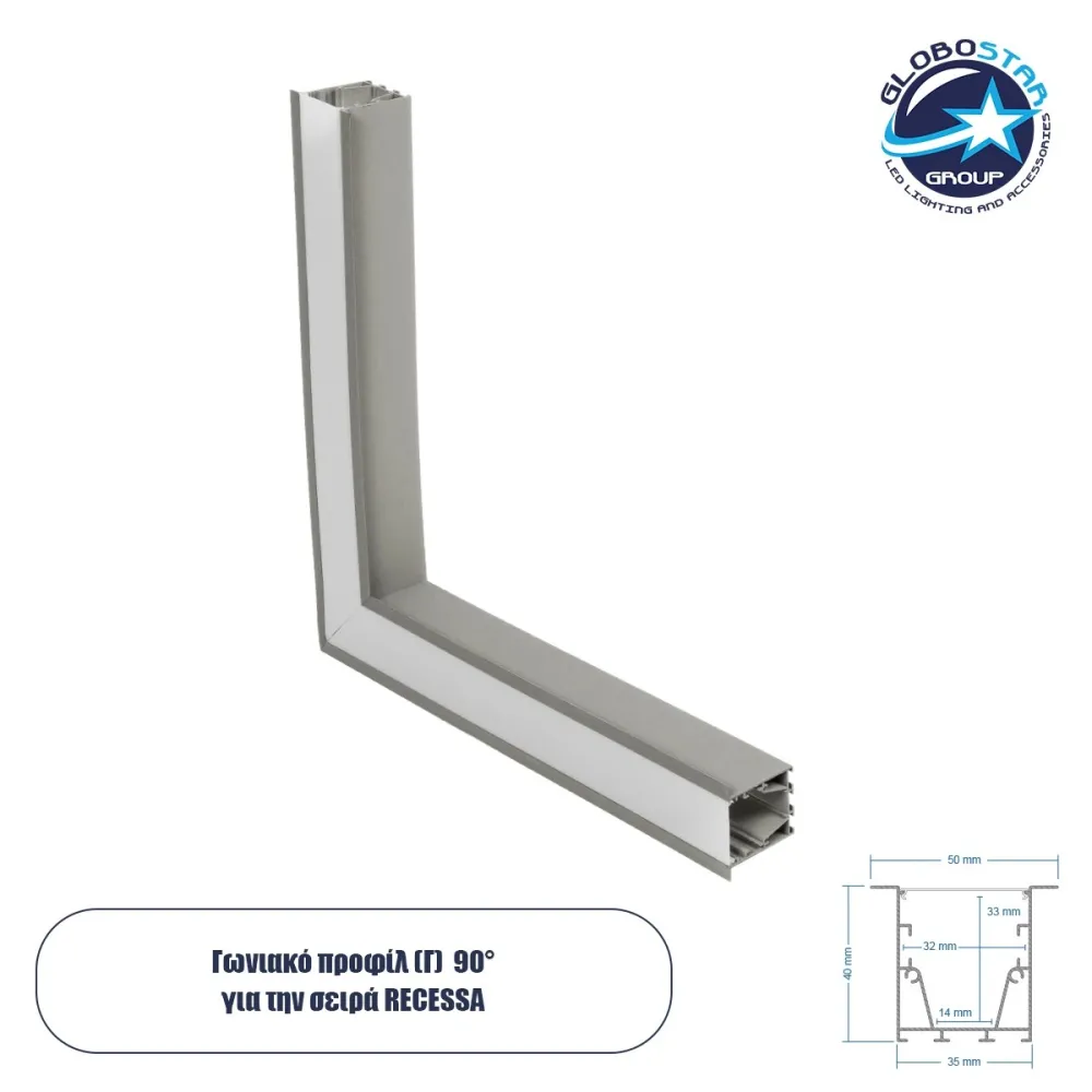 GLOBOSTAR® ALP-CORNER-SIDE90 RECESSA 61790 Χωνευτό Προφίλ Αλουμινίου Γωνία με Λευκό Γαλακτερό Πατητό Κάλυμμα για Ταινίες LED IP20 - Γκρι Ανθρακί Ματ - Μ30 x Π3.5 x Υ4cm