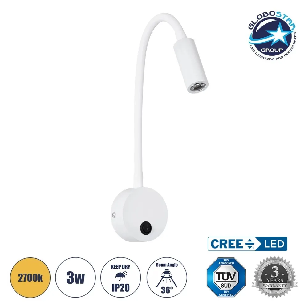 GLOBOSTAR® GOOSE 61688 Μοντέρνο Φωτιστικό Τοίχου - Απλίκα Ξενοδοχείου Reading Light LED 3W 270lm 36° AC 220-240V IP20 Θερμό Λευκό 2700K - CREE XPE Chip & TÜV SÜD Driver - Λευκό Ματ - Μ6.5 x Π15 x Υ24.5cm - 3 Χρόνια Εγγύηση