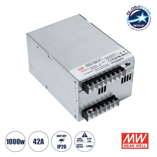 GLOBOSTAR® MEANWELL-PSPA1000-24 90792 Τροφοδοτικό/Μετασχηματιστής Class I PELV 1000W 42A AC 220-240V σε DC 24V IP20 - Ρυθμιζόμενo από DC 22V έως DC 28V - Ασημί - Μ17 x Π12 x Υ9.3cm - 3 Χρόνια Εγγύηση