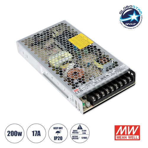 GLOBOSTAR® MEANWELL-LRS200-12 90782 Τροφοδοτικό/Μετασχηματιστής PELV 200W 17A DC 12V IP20 - AC 220-240V σε DC 12V / Ρυθμιζόμενo από DC 10.2V έως DC 13.8V - Μ21.5 x Π11.5 x Υ3cm - 3 Χρόνια Εγγύηση