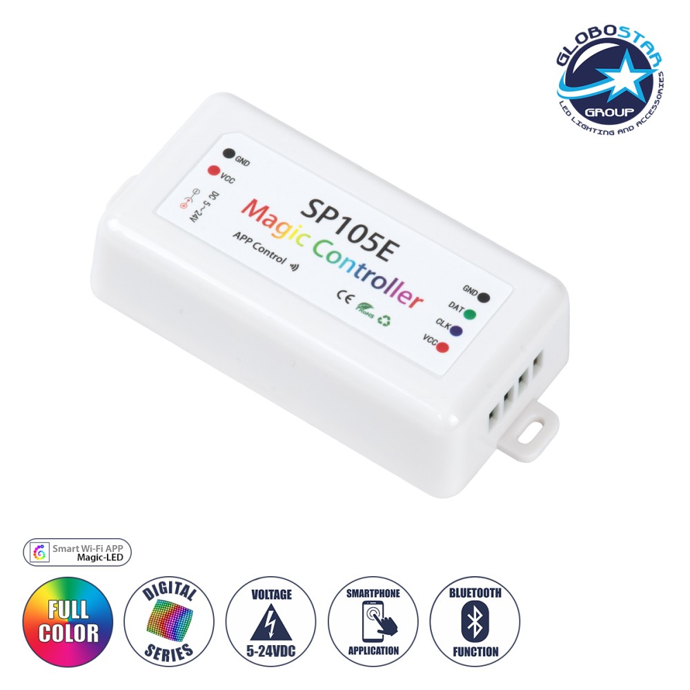 GLOBOSTAR® SP105E 70039 WiFi 2.4G Ψηφιακός Pixel Addressable Controller DC 5-12-24V IP20 - WiFi 2.4G - SPI/TTL Protocol 2048 IC - Μ8.5 x Π4.5 x Υ2.2cm - 2 Χρόνια Εγγύηση