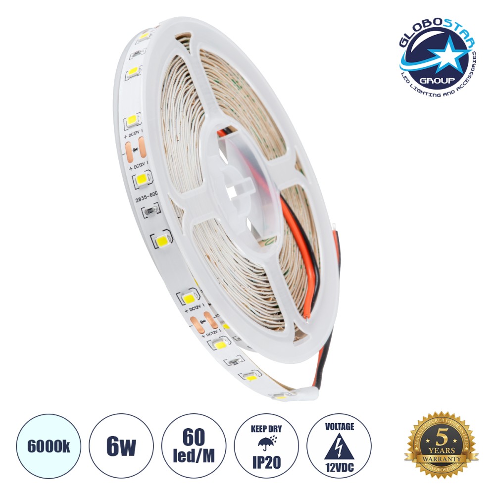GLOBOSTAR® LILAC 70140 Ταινία LED 6W/m 660lm/m 120° DC 12V IP20 60 x SMD2835 Chip/m Ψυχρό Λευκό 6000K Dimmable - Sanan SMD Chip - Μ500 x Π0.8 x Υ0.1cm - Ρολό 5 Μέτρων - 5 Χρόνια Εγγύηση