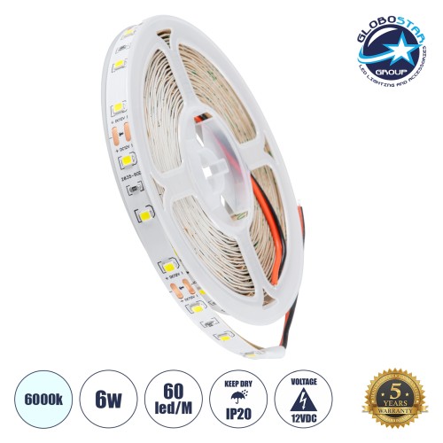 GLOBOSTAR® LILAC 70140 Ταινία LED 6W/m 660lm/m 120° DC 12V IP20 60 x SMD2835 Chip/m Ψυχρό Λευκό 6000K Dimmable - Sanan SMD Chip - Μ500 x Π0.8 x Υ0.1cm - Ρολό 5 Μέτρων - 5 Χρόνια Εγγύηση