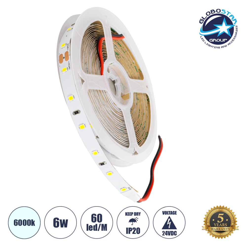 GLOBOSTAR® LILAC 70200 Ταινία LED 6W/m 660lm/m 120° DC 24V IP20 60 x SMD2835 Chip/m Ψυχρό Λευκό 6000K Dimmable - Sanan SMD Chip - Μ500 x Π0.8 x Υ0.1cm - Ρολό 5 Μέτρων - 5 Χρόνια Εγγύηση
