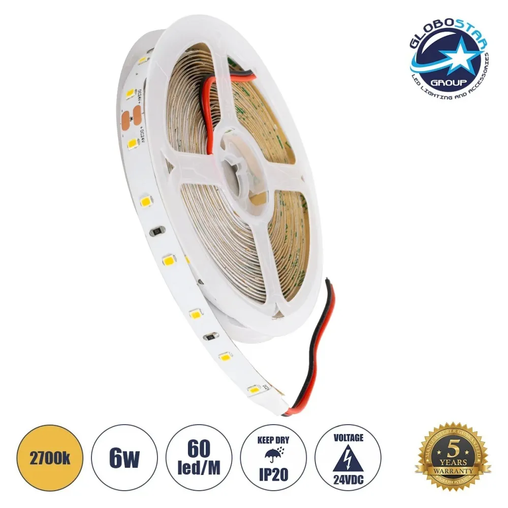 GLOBOSTAR® LILAC 70202 Ταινία LED 6W/m 540lm/m 120° DC 24V IP20 60 x SMD2835 Chip/m Θερμό Λευκό 2700K Dimmable - Sanan SMD Chip - Μ500 x Π0.8 x Υ0.1cm - Ρολό 5 Μέτρων - 5 Χρόνια Εγγύηση