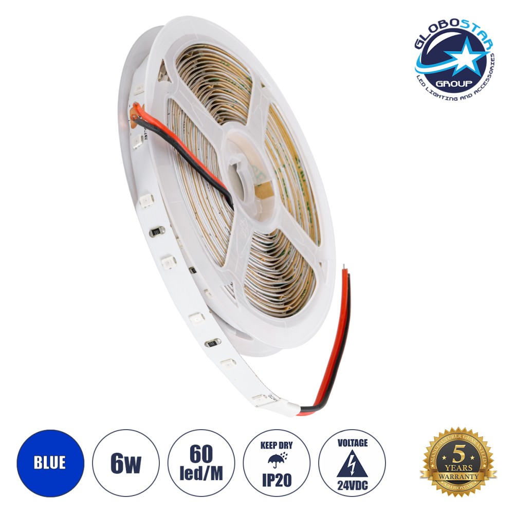 GLOBOSTAR® LILAC 70206 Ταινία LED 6W/m 360lm/m 120° DC 24V IP20 60 x SMD2835 Chip/m Μπλε Dimmable - Sanan SMD Chip - Μ500 x Π0.8 x Υ0.1cm - Ρολό 5 Μέτρων - 5 Χρόνια Εγγύηση