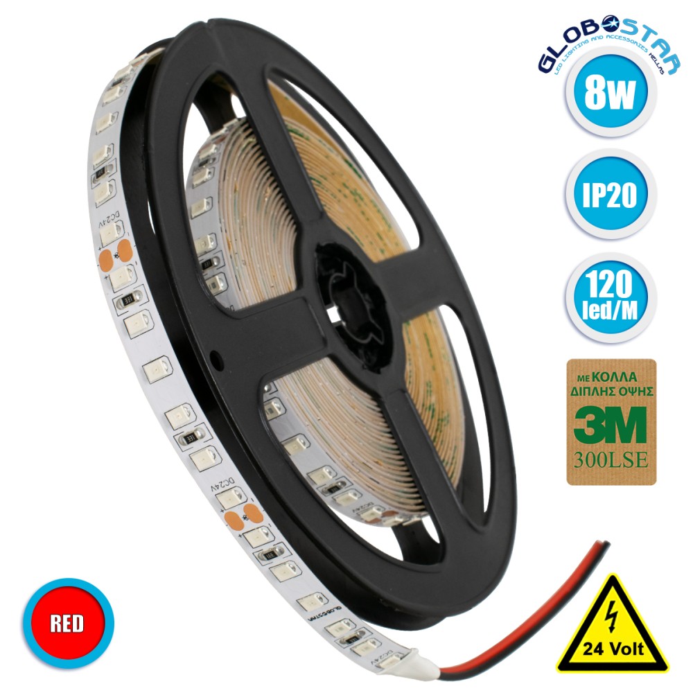 GLOBOSTAR® LUXA 70234 Ταινία LED 8W/m 640lm/m 120° DC 24V IP20 120 x SMD2835 Chip/m Κόκκινο Dimmable - Sanan SMD Chip - Μ500 x Π0.8 x Υ0.2cm - Ρολό 5 Μέτρων - 5 Χρόνια Εγγύηση