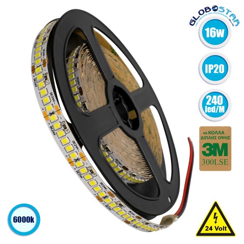GLOBOSTAR® LUXA 70240 Ταινία LED 16W/m 2080lm/m 120° DC 24V IP20 240 x SMD2835 Chip/m Ψυχρό Λευκό 6000K Dimmable - Sanan SMD Chip - Μ500 x Π1 x Υ0.2cm - Ρολό 5 Μέτρων - 5 Χρόνια Εγγύηση