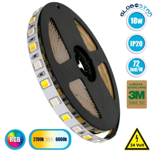 GLOBOSTAR® PRISMA 70266 Ταινία LED 18W/m 1800lm/m 120° DC 24V IP20 72 x SMD5050 Chip/m Πολύχρωμο RGBW+WW Dimmable - Sanan SMD Chip - Μ500 x Π1 x Υ0.2cm - Ρολό 5 Μέτρων - 5 Χρόνια Εγγύηση