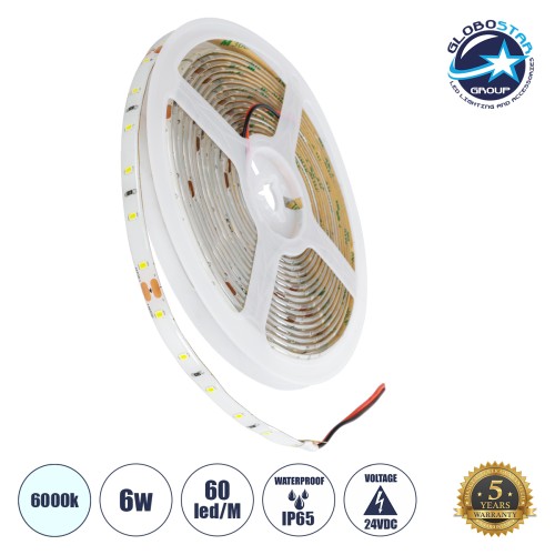 GLOBOSTAR® LILAC 70300 Ταινία LED 6W/m 660lm/m 120° DC 24V Αδιάβροχη IP65 60 x SMD2835 Chip/m Ψυχρό Λευκό 6000K Dimmable - Sanan SMD Chip - Μ500 x Π0.8 x Υ0.2cm - Ρολό 5 Μέτρων - 5 Χρόνια Εγγύηση