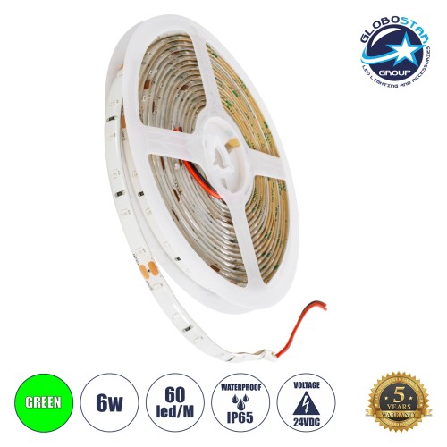 GLOBOSTAR® LILAC 70305 Ταινία LED 6W/m 360lm/m 120° DC 24V Αδιάβροχη IP65 60 x SMD2835 Chip/m Πράσινο Dimmable - Sanan SMD Chip - Μ500 x Π0.8 x Υ0.2cm - Ρολό 5 Μέτρων - 5 Χρόνια Εγγύηση
