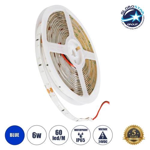 GLOBOSTAR® LILAC 70306 Ταινία LED 6W/m 360lm/m 120° DC 24V Αδιάβροχη IP65 60 x SMD2835 Chip/m Μπλε Dimmable - Sanan SMD Chip - Μ500 x Π0.8 x Υ0.2cm - Ρολό 5 Μέτρων - 5 Χρόνια Εγγύηση
