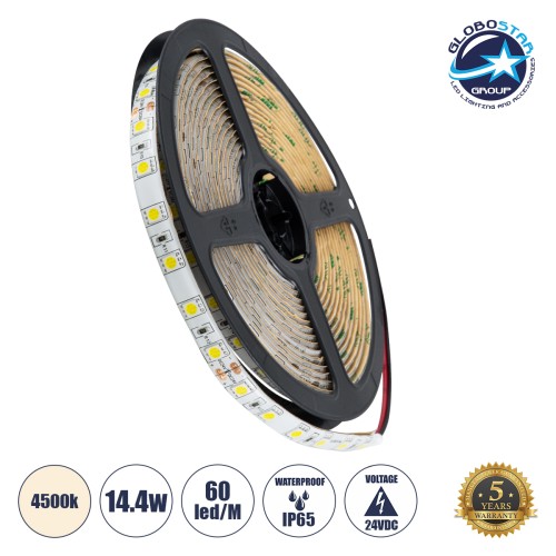 GLOBOSTAR® LUMAR 70321 Ταινία LED 14.4W/m 1368lm/m 120° DC 24V Αδιάβροχη IP65 60 x SMD5050 Chip/m Φυσικό Λευκό 4500K Dimmable - Sanan SMD Chip - Μ500 x Π1 x Υ0.2cm - Ρολό 5 Μέτρων - 5 Χρόνια Εγγύηση