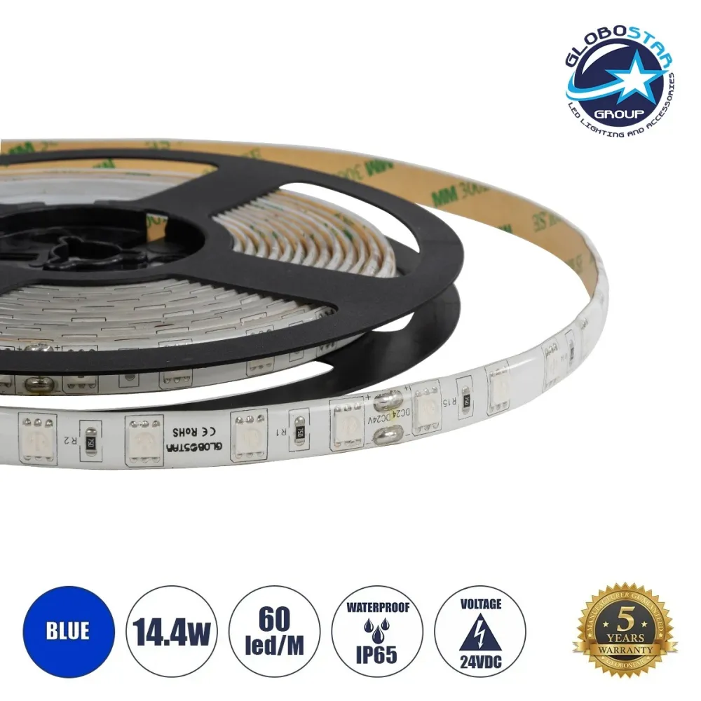 GLOBOSTAR® LUMAR 70326 Ταινία LED 14.4W/m 936lm/m 120° DC 24V Αδιάβροχη IP65 60 x SMD5050 Chip/m Μπλε Dimmable - Sanan SMD Chip - Μ500 x Π1 x Υ0.3cm - Ρολό 5 Μέτρων - 5 Χρόνια Εγγύηση