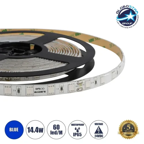 GLOBOSTAR® LUMAR 70326 Ταινία LED 14.4W/m 936lm/m 120° DC 24V Αδιάβροχη IP65 60 x SMD5050 Chip/m Μπλε Dimmable - Sanan SMD Chip - Μ500 x Π1 x Υ0.3cm - Ρολό 5 Μέτρων - 5 Χρόνια Εγγύηση