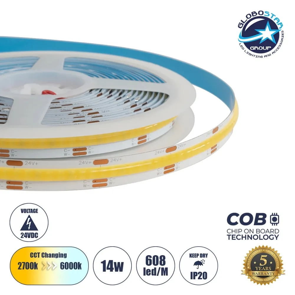 GLOBOSTAR® BEE 70349 Ταινία LED 14W/m 1540lm/m 120° DC 24V IP20 608 x COB Chip/m Ρυθμιζόμενο Λευκό CCT από 2700K έως 6000K Dimmable - Sanan COB Chip - Μ500 x Π1 x Υ0.2cm - Ρολό 5 Μέτρων - 5 Χρόνια Εγγύηση