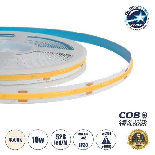 GLOBOSTAR® BEE 70351 Ταινία LED 10W/m 1000lm/m 120° DC 24V IP20 528 x COB Chip/m Φυσικό Λευκό 4500K Dimmable - Sanan COB Chip - Μ500 x Π1 x Υ0.2cm - Ρολό 5 Μέτρων - 5 Χρόνια Εγγύηση