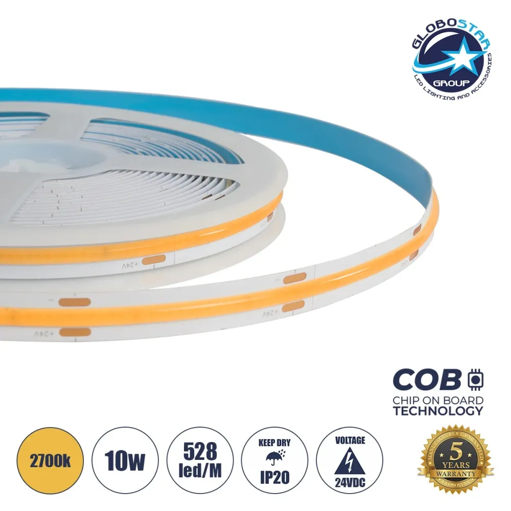 GLOBOSTAR® BEE 70352 Ταινία LED 10W/m 900lm/m 120° DC 24V IP20 528 x COB Chip/m Θερμό Λευκό 2700K Dimmable - Sanan COB Chip - Μ500 x Π1 x Υ0.2cm - Ρολό 5 Μέτρων - 5 Χρόνια Εγγύηση
