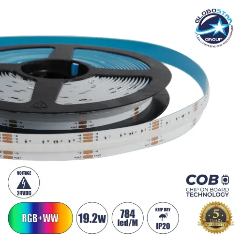 GLOBOSTAR® BEE 70354 Ταινία LED 19.2W/m 1728lm/m 120° DC 24V IP20 784 x COB Chip/m Πολύχρωμο RGB+WW Dimmable - Sanan COB Chip - Μ500 x Π1.2 x Υ0.2cm - Ρολό 5 Μέτρων - 5 Χρόνια Εγγύηση