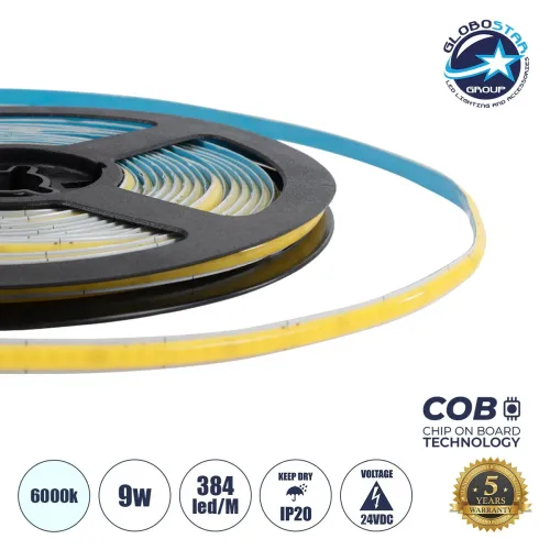 GLOBOSTAR® BEE 70355 Ταινία LED 9W/m 990lm/m 120° DC 24V IP20 384 x COB Chip/m Ψυχρό Λευκό 6000K Dimmable - Sanan COB Chip - Μ500 x Π0.5 x Υ0.2cm - Ρολό 5 Μέτρων - 5 Χρόνια Εγγύηση