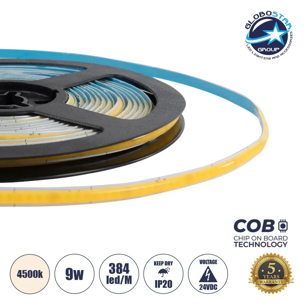 GLOBOSTAR® BEE 70356 Ταινία LED 9W/m 900lm/m 120° DC 24V IP20 384 x COB Chip/m Φυσικό Λευκό 4500K Dimmable - Sanan COB Chip - Μ500 x Π0.5 x Υ0.2cm - Ρολό 5 Μέτρων - 5 Χρόνια Εγγύηση