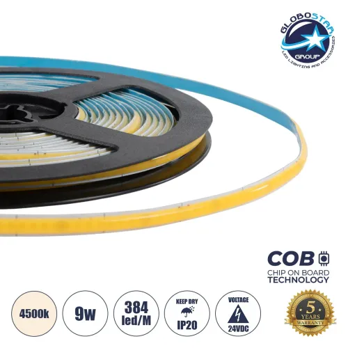 GLOBOSTAR® BEE 70356 Ταινία LED 9W/m 900lm/m 120° DC 24V IP20 384 x COB Chip/m Φυσικό Λευκό 4500K Dimmable - Sanan COB Chip - Μ500 x Π0.5 x Υ0.2cm - Ρολό 5 Μέτρων - 5 Χρόνια Εγγύηση