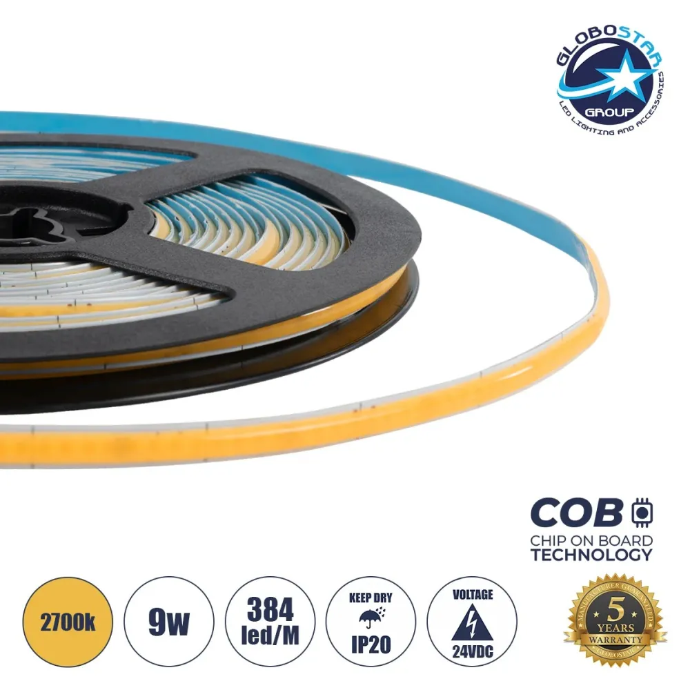 GLOBOSTAR® BEE 70357 Ταινία LED 9W/m 810lm/m 120° DC 24V IP20 384 x COB Chip/m Θερμό Λευκό 2700K Dimmable - Sanan COB Chip - Μ500 x Π0.5 x Υ0.2cm - Ρολό 5 Μέτρων - 5 Χρόνια Εγγύηση
