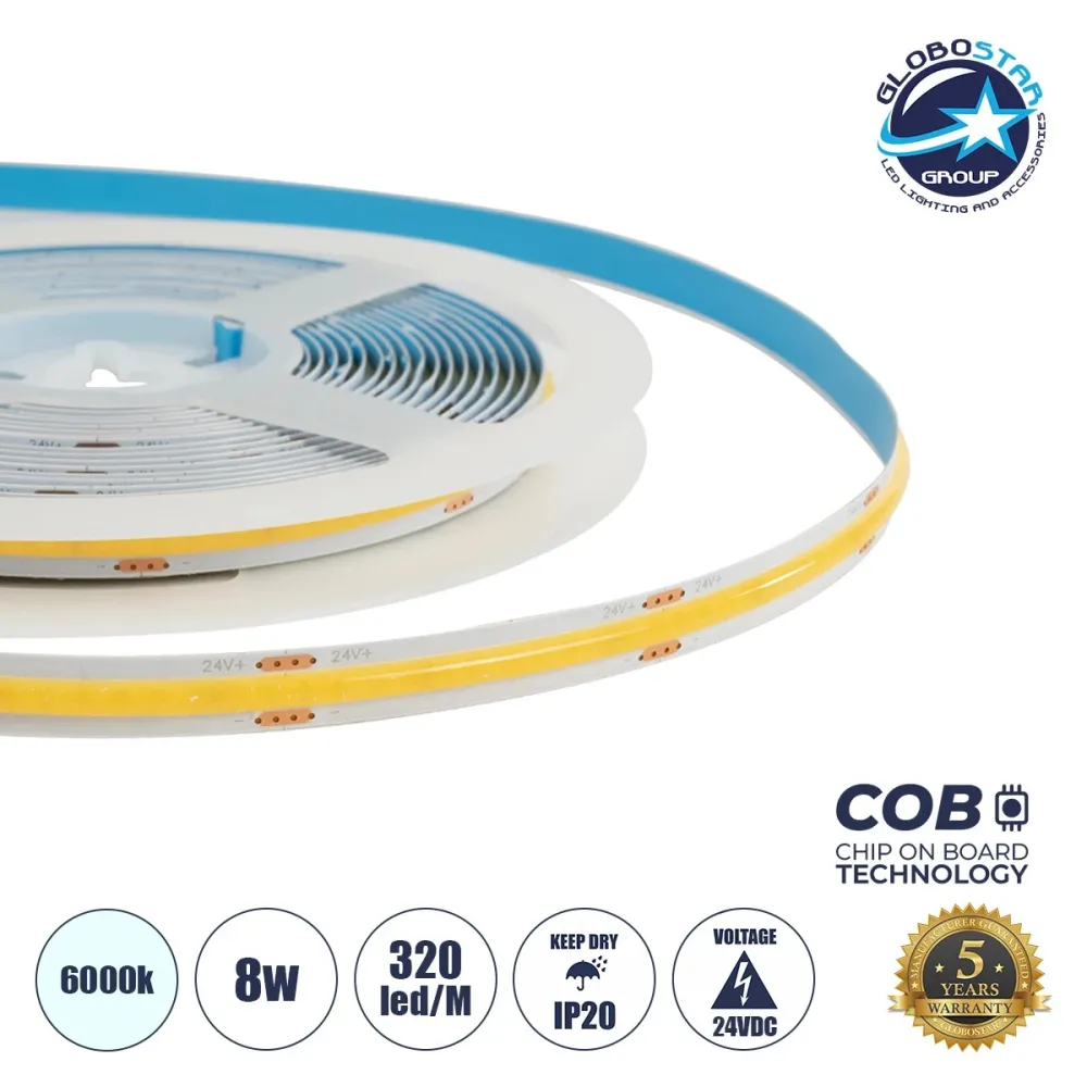 GLOBOSTAR® BEE 70359 Ταινία LED 8W/m 880lm/m 120° DC 24V IP20 320 x COB Chip/m Ψυχρό Λευκό 6000K Dimmable - Sanan COB Chip - Μ500 x Π0.8 x Υ0.2cm - Ρολό 5 Μέτρων - 5 Χρόνια Εγγύηση