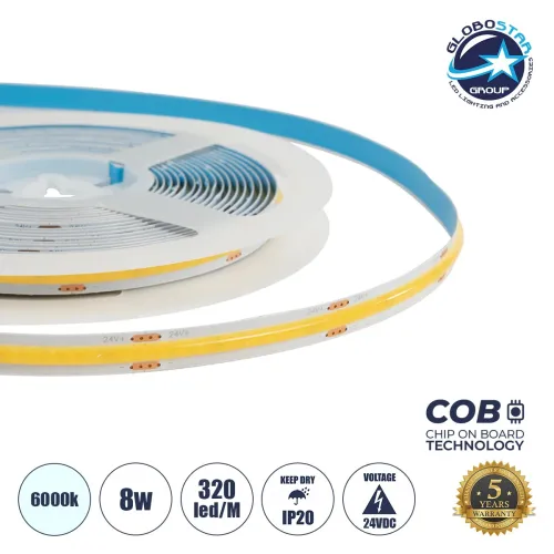 GLOBOSTAR® BEE 70359 Ταινία LED 8W/m 880lm/m 120° DC 24V IP20 320 x COB Chip/m Ψυχρό Λευκό 6000K Dimmable - Sanan COB Chip - Μ500 x Π0.8 x Υ0.2cm - Ρολό 5 Μέτρων - 5 Χρόνια Εγγύηση