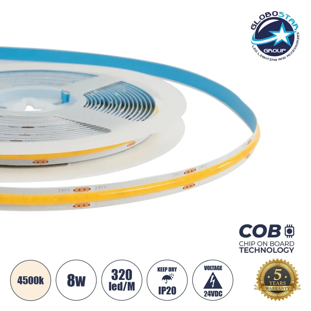 GLOBOSTAR® BEE 70360 Ταινία LED 8W/m 800lm/m 120° DC 24V IP20 320 x COB Chip/m Φυσικό Λευκό 4500K Dimmable - Sanan COB Chip - Μ500 x Π0.8 x Υ0.2cm - Ρολό 5 Μέτρων - 5 Χρόνια Εγγύηση