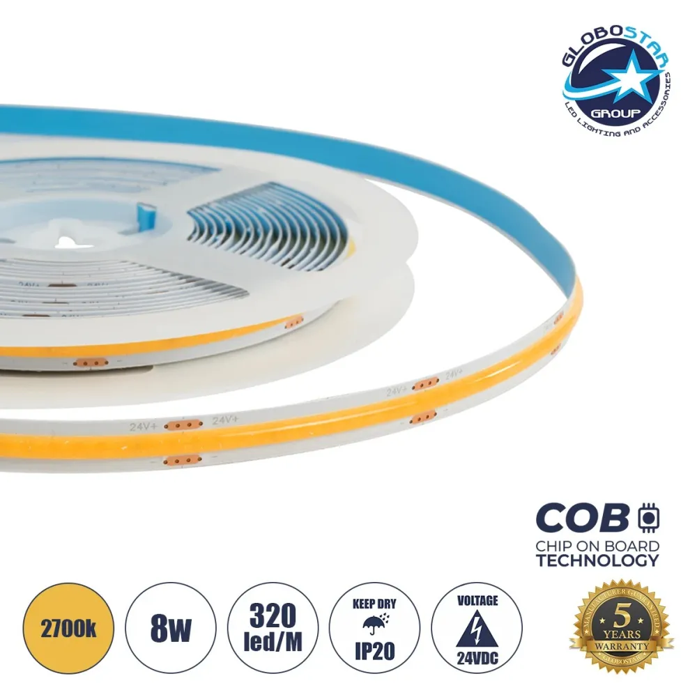 GLOBOSTAR® BEE 70361 Ταινία LED 8W/m 720lm/m 120° DC 24V IP20 320 x COB Chip/m Θερμό Λευκό 2700K Dimmable - Sanan COB Chip - Μ500 x Π0.8 x Υ0.2cm - Ρολό 5 Μέτρων - 5 Χρόνια Εγγύηση