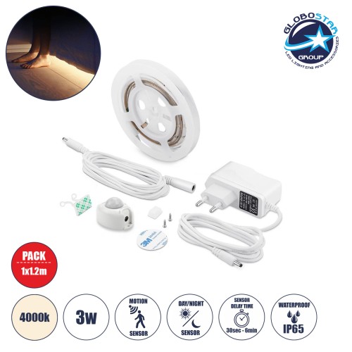 GLOBOSTAR® NIGHTSTEP 70400 Σετ Ταινίας με Αισθητήρα Κίνησης-Ημέρας-Νύχτας & Τροφοδοτικό LED 3W 300lm 120° AC 220-240V Αδιάβροχο IP65 36 x SMD2835 Φυσικό Λευκό 4500K - Sanan SMD Chip - Μ120 x Π0.8 x Υ0.2cm - 2 Χρόνια Εγγύηση