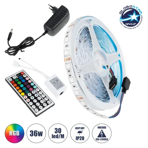 GLOBOSTAR® CHROMAWAVE 70411 Σετ Ταινίας με IR Ασύρματο Χειριστήριο & Τροφοδοτικό LED 36W 2160lm 120° AC 220-240V IP20 150 x SMD5050 Chip Πολύχρωμο RGB Dimmable - Sanan SMD Chip - Μ500 x Π1 x Υ0.2cm - Ρολό 5 Μέτρων - 2 Χρόνια Εγγύηση